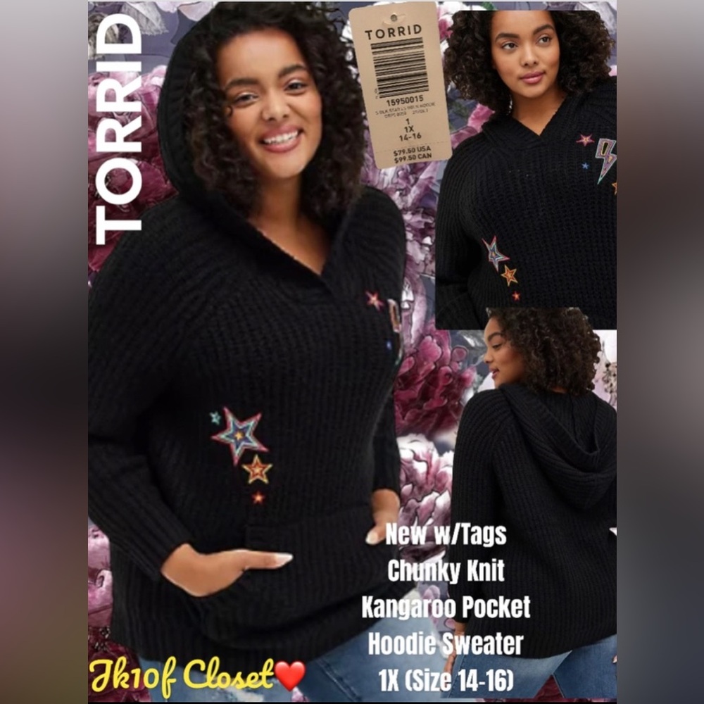 LOWEST🌺 NWT TORRID 1X (Sz14-16) EMBROIDERED STARS BLACK HOODIE SWEATER